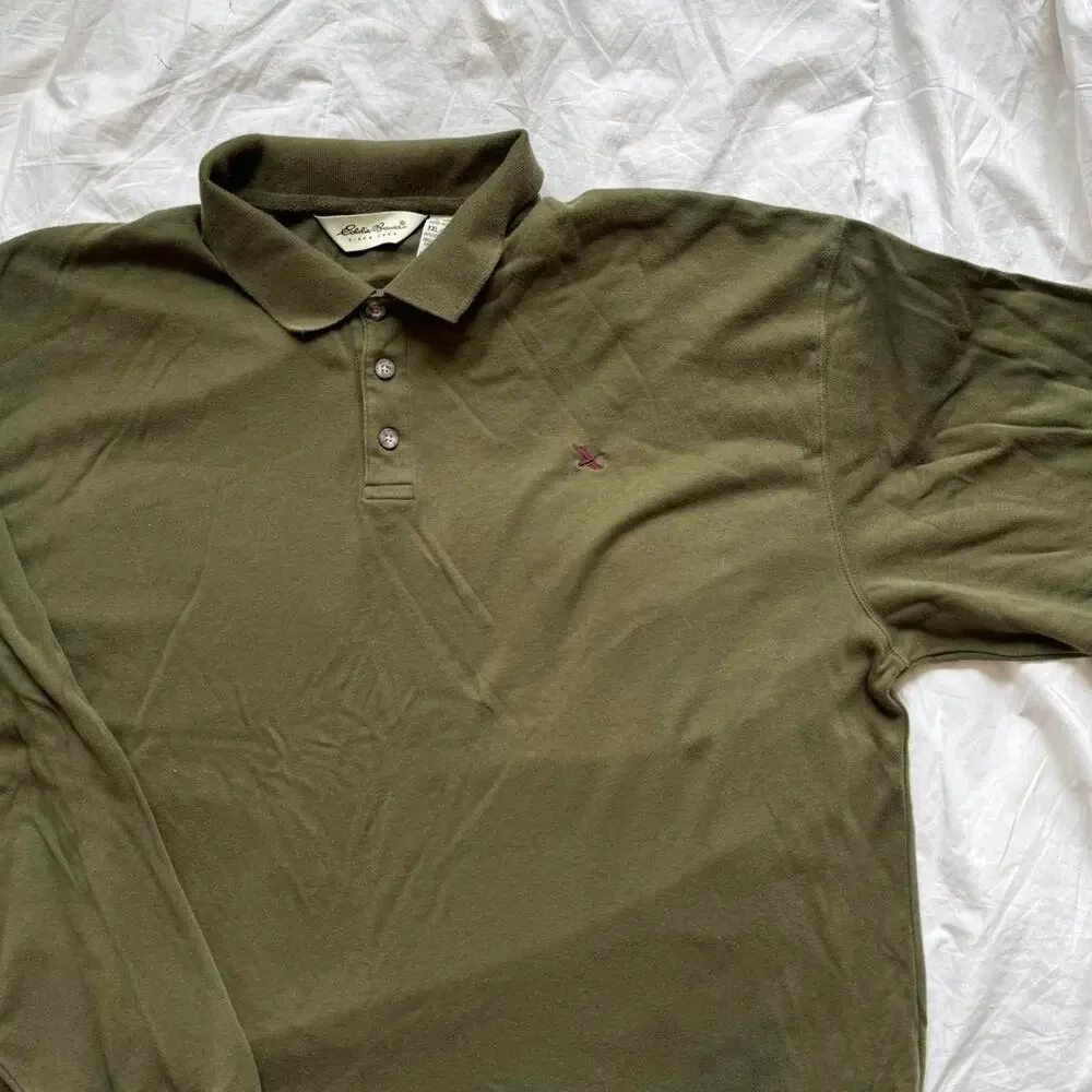 eddie Bauer Olive green soft long sleeve polo shirt  XXL grunge preppy‎ academia